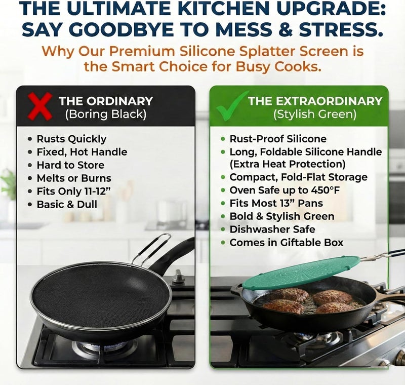 Allumerous Store Silicone Splatter Screen for Frying Pan | Green 13"| No More Oil Splatters | Foldable Handle w/Sleeves, Heat-Resistant, Dishwasher-Safe | Versatile Fits 10"–12″ Pans (Most 13″ Skillets Compatible) - Image 3